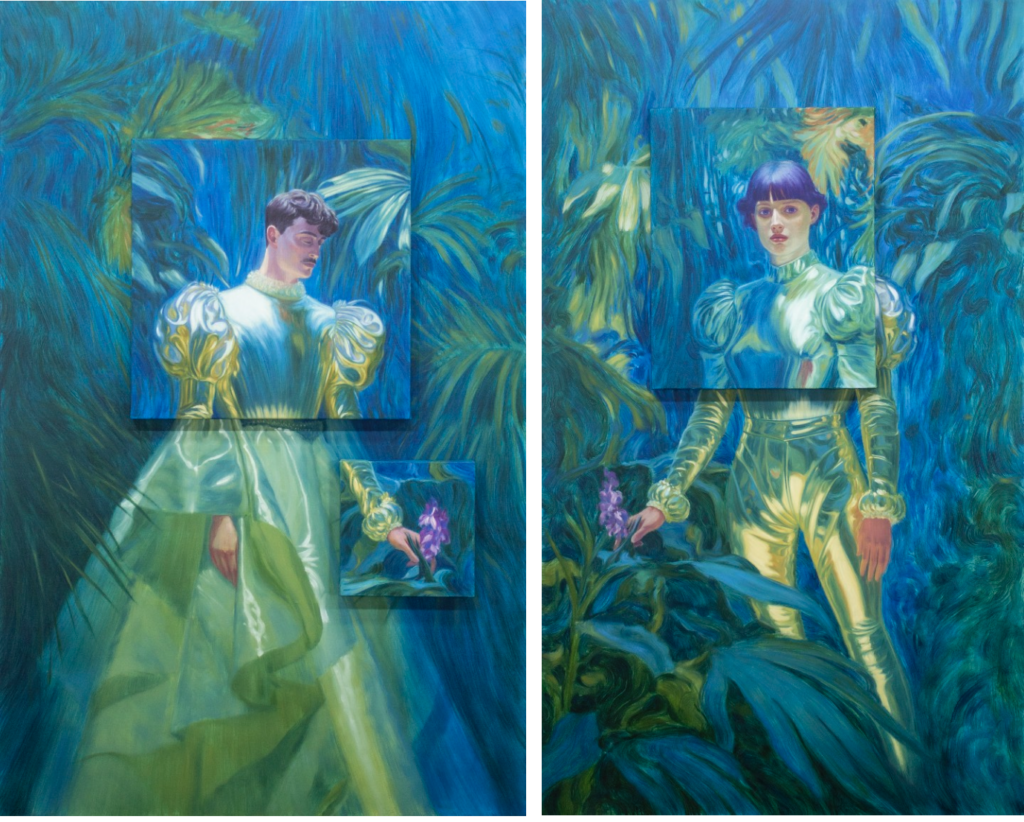 Two paintings side by side of a man in a dress and a woman in armor 